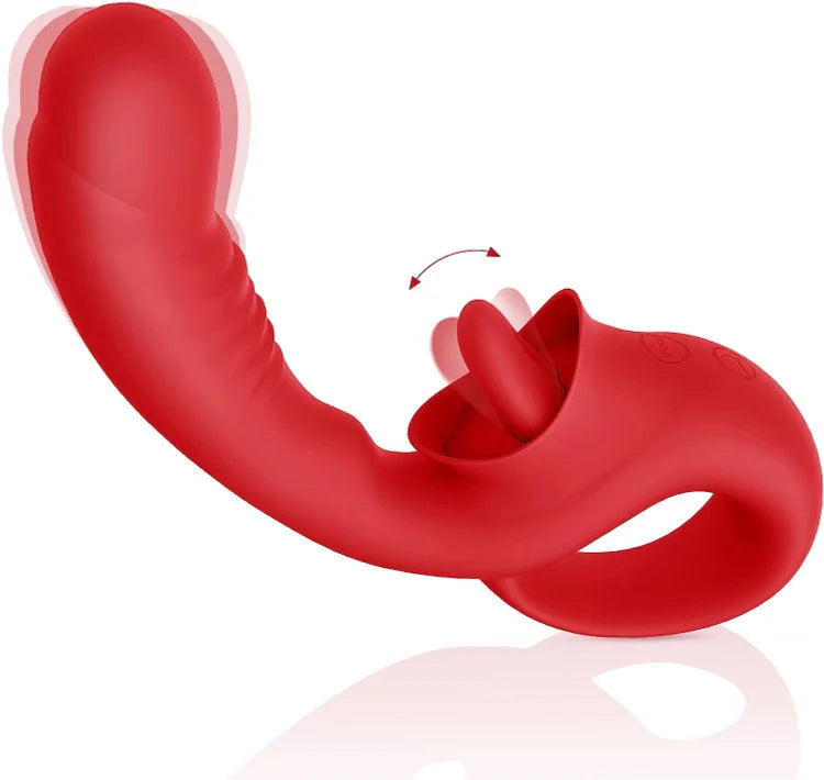 Clitoral Licking G Spot Vibrator, 2 in 1 Nipple Clitoralis Stimulator with 10 Licking &amp; Vibrating Modes, Rechargeable Strapless Strap-On Realistic Dildo Vibrator, Adult Sex Toys for Women Couple (Red)