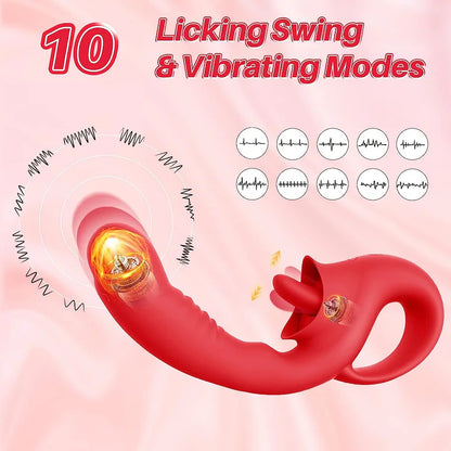 Clitoral Licking G Spot Vibrator, 2 in 1 Nipple Clitoralis Stimulator with 10 Licking &amp; Vibrating Modes, Rechargeable Strapless Strap-On Realistic Dildo Vibrator, Adult Sex Toys for Women Couple (Red)