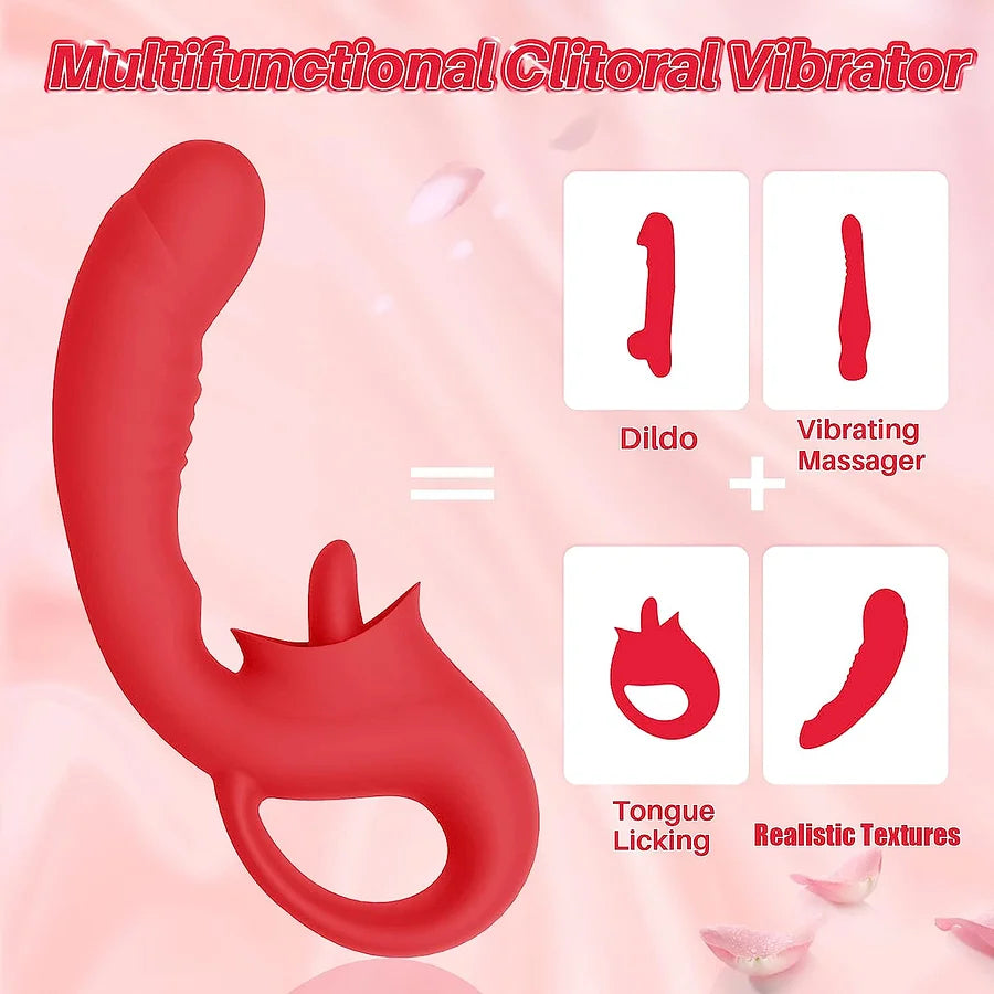Clitoral Licking G Spot Vibrator, 2 in 1 Nipple Clitoralis Stimulator with 10 Licking &amp; Vibrating Modes, Rechargeable Strapless Strap-On Realistic Dildo Vibrator, Adult Sex Toys for Women Couple (Red)