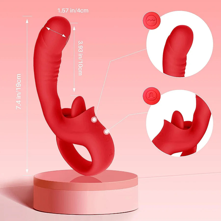 Clitoral Licking G Spot Vibrator, 2 in 1 Nipple Clitoralis Stimulator with 10 Licking &amp; Vibrating Modes, Rechargeable Strapless Strap-On Realistic Dildo Vibrator, Adult Sex Toys for Women Couple (Red)